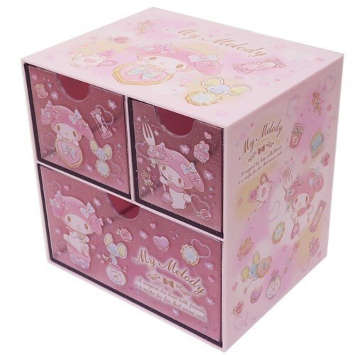 【真愛日本】4930972481964 桌上型三抽屜收納盒-MM餅乾粉GAC 美樂蒂melody 置物盒 小抽屜盒 小物收納 文具收納 桌上擺飾