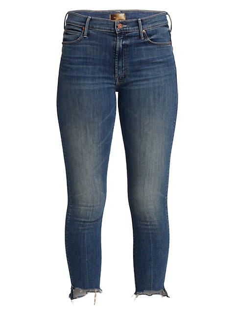 These skinny cropped jeans have step-hem cuffs with frayed edges.; Five-pocket style; Zip fly with b