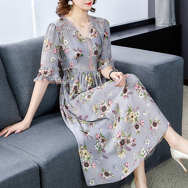 洋裝 S-2XL 2020新款夏款雙绉桑蠶絲氣質收腰碎花長裙杭州正宗重磅真絲連身裙