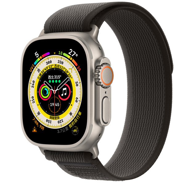 Apple Watch Ultra (GPS + 行動網路)；49 公釐鈦金屬錶殼；黑色配灰色越野錶環 - S/M 鈦金色
