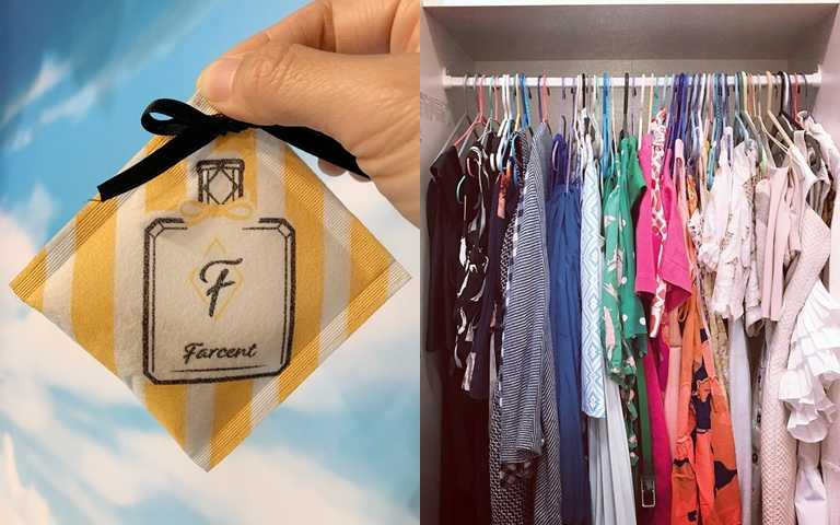 Farcent時尚香水衣物香氛袋-雞蛋花香調 10g*3入／75元 尤其像台北天氣很潮濕，衣櫥裡的悶臭味都請放心交給它！(圖／吳雅鈴攝影、IG@gohighandslow)