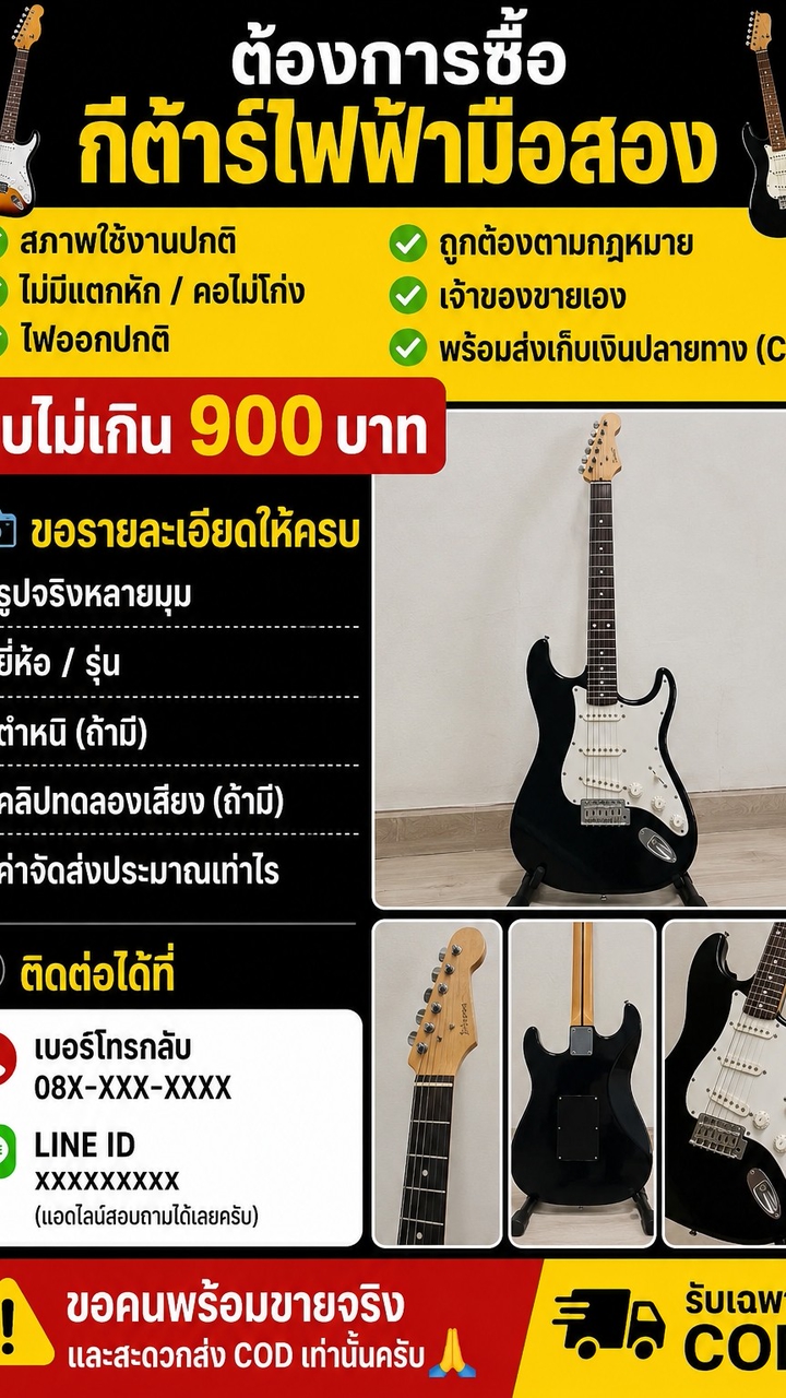 ต้องการซื้อกีต้าร์ไฟฟ้า มือสอง 300 บาท