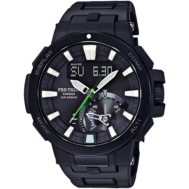 原廠公司貨、藍寶石玻璃鏡面世界六局電波、太陽能測量溫度、高度/氣壓、方位料號：PRW-7000FC-1BDR