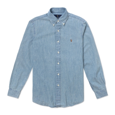Polo Ralph Lauren 經典刺繡彩小馬丹寧長袖襯衫-淺藍色