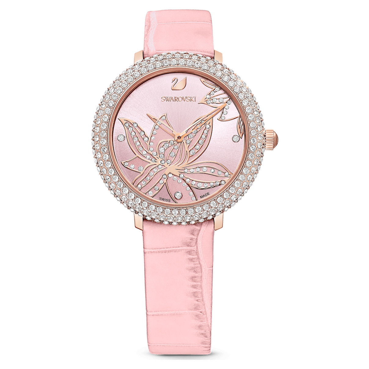 Swarovski Crystal Frost 手錶, 花朵, 真皮錶帶, 粉紅色, 玫瑰金色調PVD