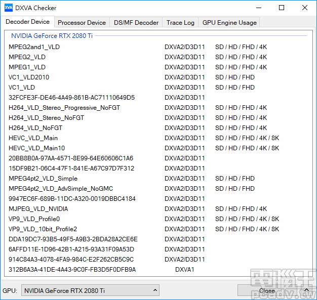 DXVA Checker 所示資訊，HEVC 和 VP9 均支援 8K 解析度影片解碼