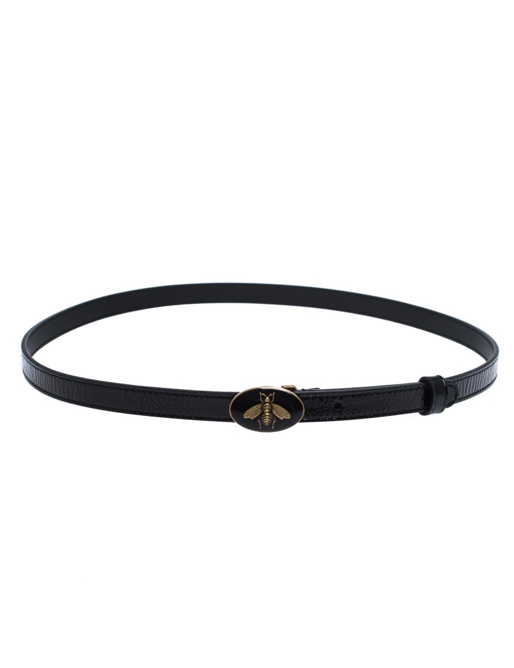 這款來自古馳（Gucci）標誌性品牌屋的緊身腰帶是您愛不釋手的創作。它採用漆皮在意大利精製而成，具有可愛的黑色色調，並配以帶有蜜蜂圖案和單環的青銅色搭扣。現在抓