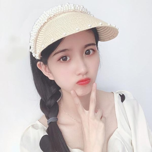 草編帽 太陽帽女春夏天正韓版潮時尚珍珠防曬空頂草帽女士戶外透氣遮陽帽子 街頭布衣