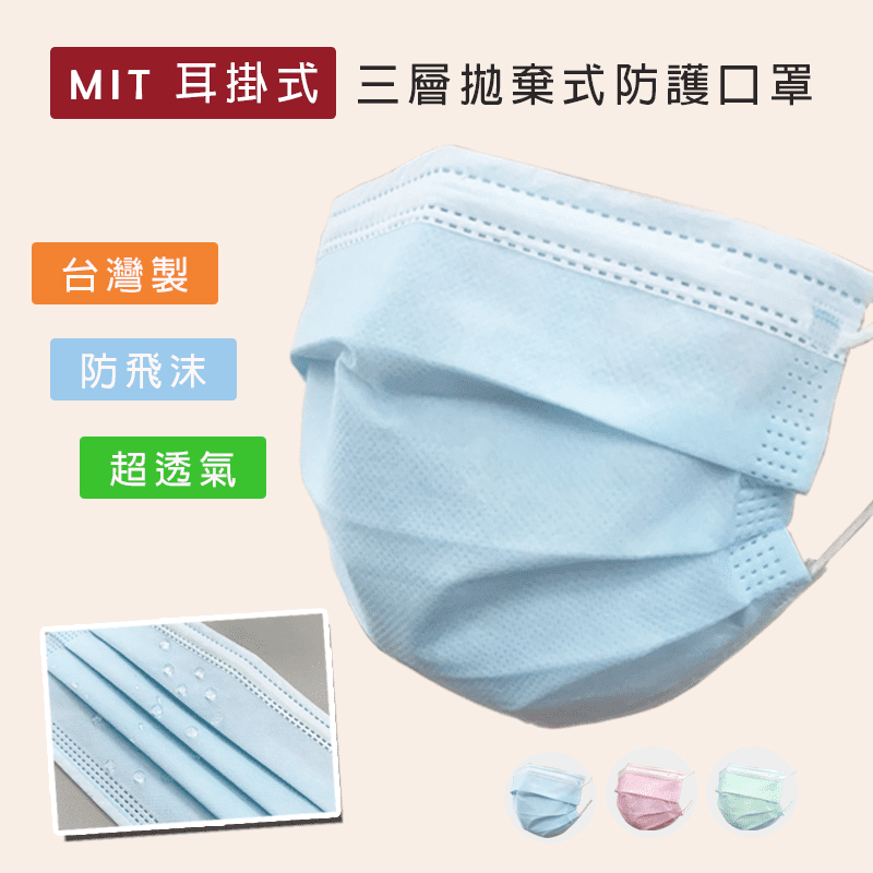 三層MIT拋棄式防護口罩，表層採潑水性不織布，可防液體噴灑或雨水滲入。中層採高過濾效果之熔噴濾布，可阻隔微細粉塵與過敏原。內層採高靠過性纖維不織布，配戴舒適，不易引起皮膚過敏。百分百台灣製造，品質優良