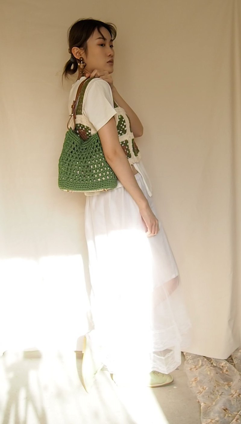 大地色素材系列 | 真皮手提棉質繩編織鏤空水桶包 森林綠