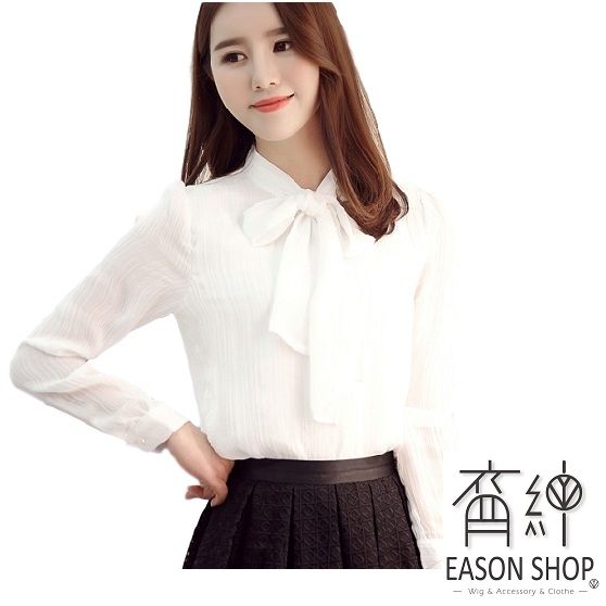 EASON SHOP(GW3302)韓版氣質薄款短版繫帶蝴蝶結綁縄領後鈕釦長袖雪紡襯衫女上衣服修身內搭衫紅色