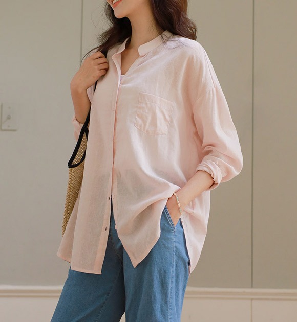 寬鬆款Y領透膚亞麻襯衫