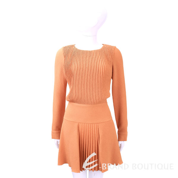 SEE BY Chloe' 橘色抓褶浮雕粒面長袖洋裝 1540083-17