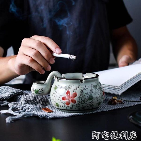 NDP 日式手繪青花陶瓷帶水槽煙灰缸 個性創意禮品 家用客廳臥室