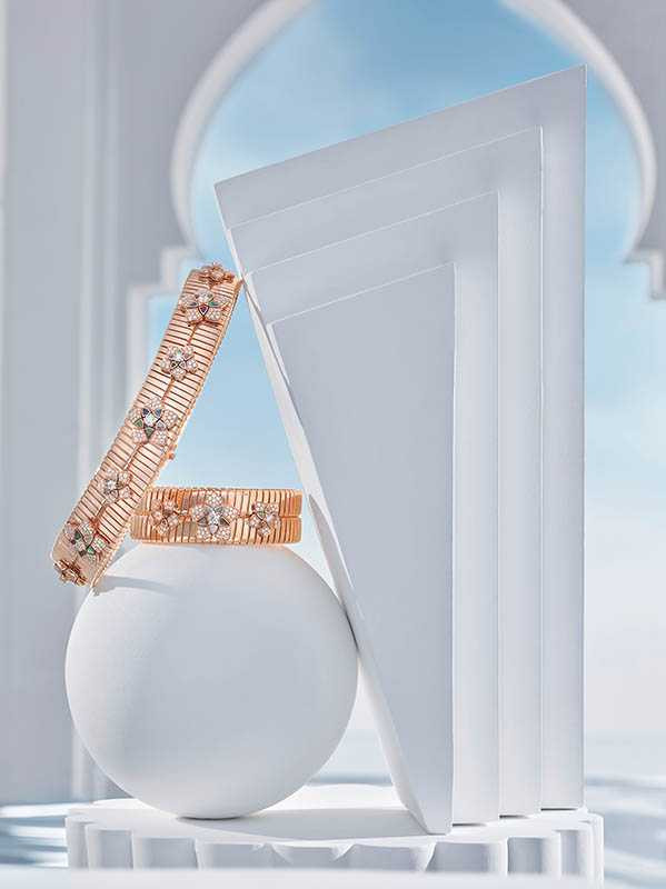 BVLGARI「JANNAH系列」頂級玫瑰金鑽石頸鍊、手環（圖╱BVLGARI提供）