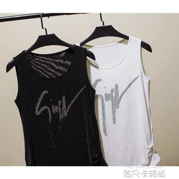 [快速出貨]遮肚子吊帶背心女胖mm外穿內搭打底特大碼無袖鑲鑚體恤彈力200斤 凱斯頓