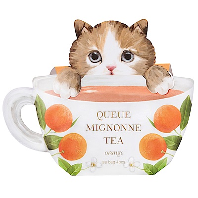 添加了橘子風味的紅茶芳香清爽，口感甘醇喝茶時有超萌的貓咪掛在杯緣上享受愉悅的下午茶