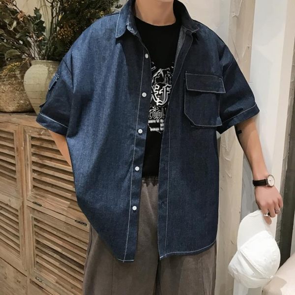 港風復古文藝牛仔短袖襯衫男韓版夏季學生寬松休閑襯衣潮 森雅誠品