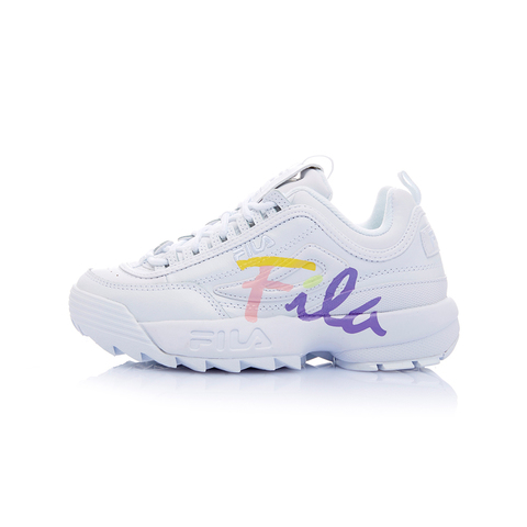 FILA DISRUPTOR2 女草寫復古運動鞋(鋸齒鞋/老爹鞋)-白 / 粉紫 5-C113T-102