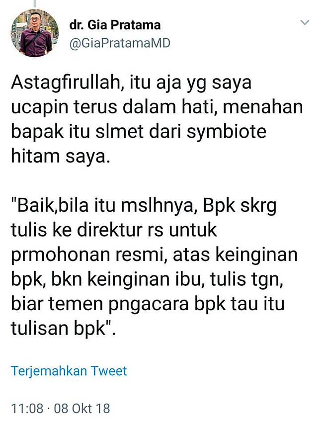 Twitt curhatan dr Gia via Twitter.