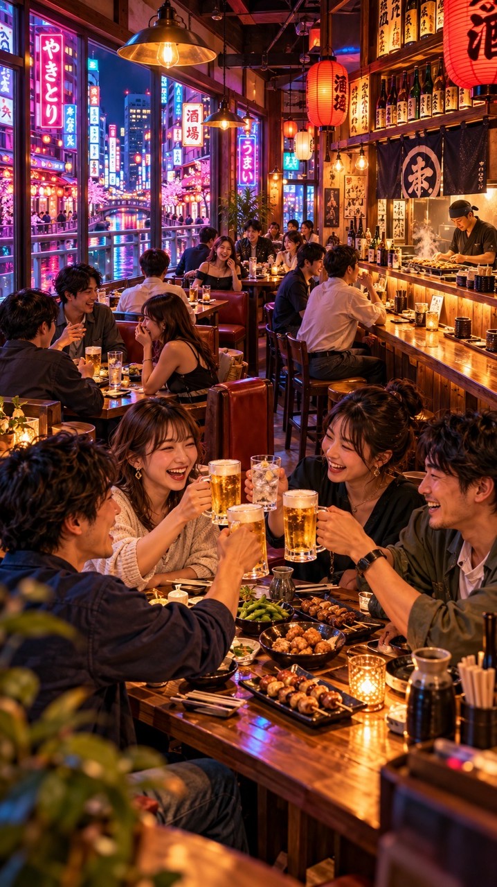 ネオン街の居酒屋でみんなでワイワイ話そ！