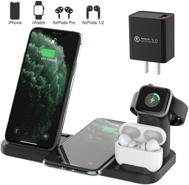 【美國代購】 4合1 Qi認證的雙快速無線充電站相容Apple Watch AirPods Pro iPhone 三星Galaxy