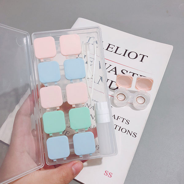 新款按壓式純色多副裝近視隱形眼鏡伴侶盒簡約美瞳盒護理盒雙聯盒