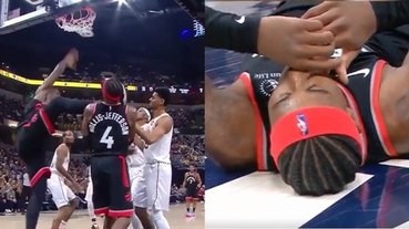 NBA 速報／有夠衰！暴龍 Ibaka 單手灌籃「太爽」腳抬超高，誤「重踹」隊友頭部倒地不起！