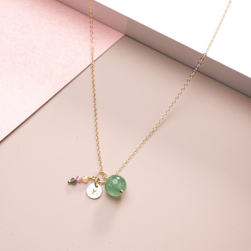 綠草莓晶8mm項鍊吊墜 | 生日禮物天然水晶14KGF字母 | 五月誕生石