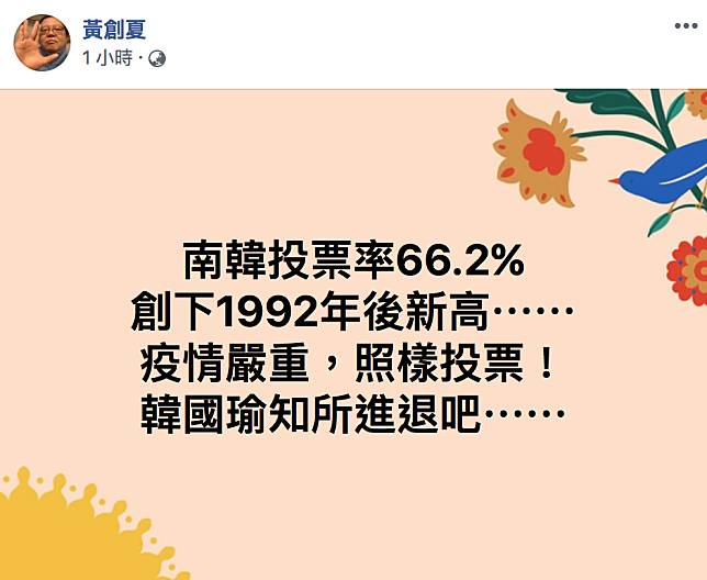 不畏疫情! 南韓選舉投票創新高 黃創夏：韓國瑜知所進退吧