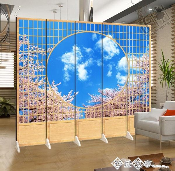 日式仿木紋格子櫻花時尚客廳現代餐廳料理店美容布藝折疊屏風隔斷