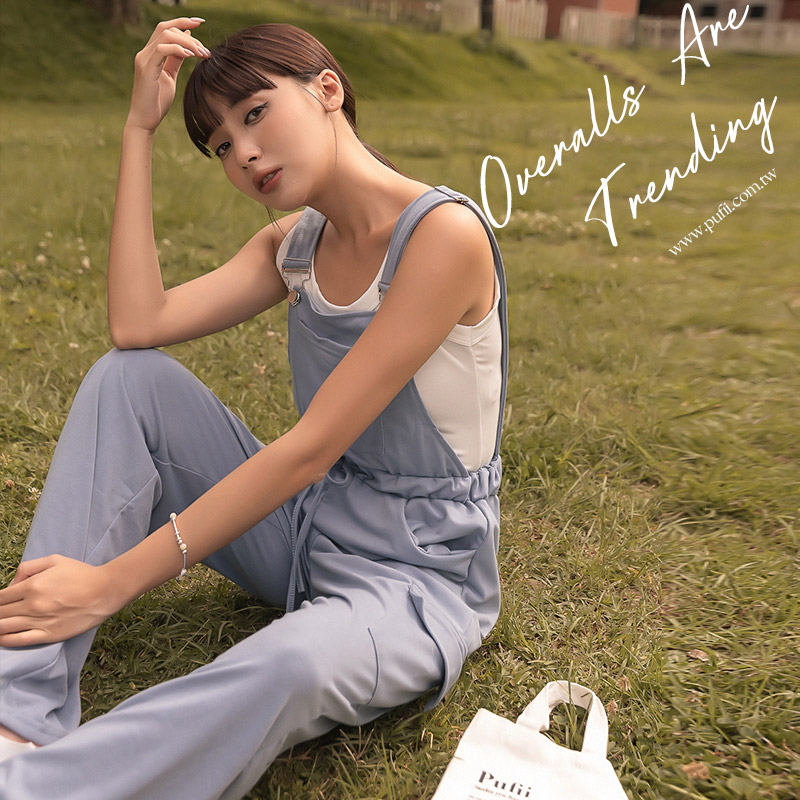 ◆限量現貨◆PUFII-吊帶褲 鬆緊腰抽繩側翻蓋口袋吊帶褲長褲寬褲-0525 現+預 夏【CP25281】