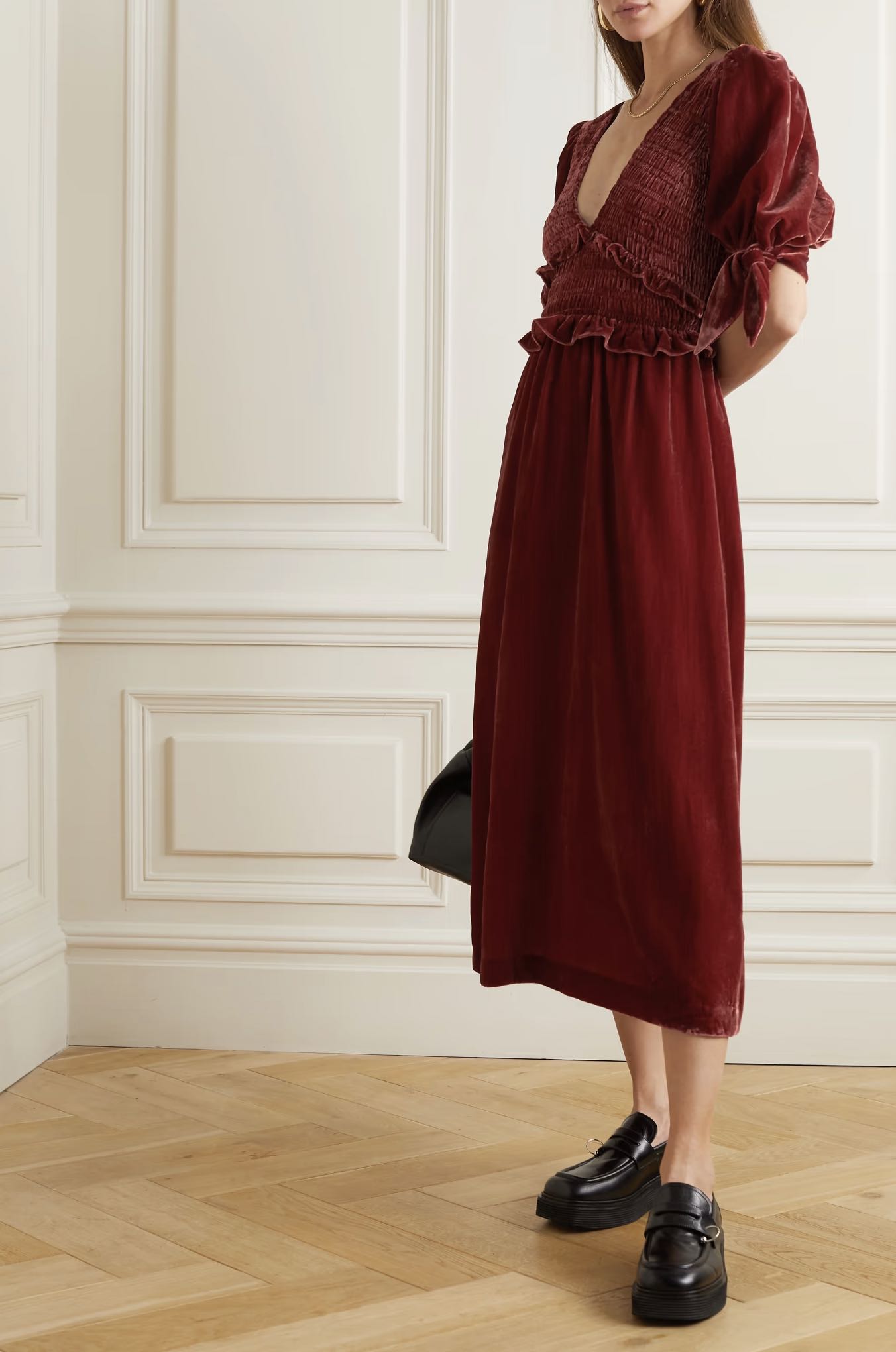 SEA Mayde open-back smocked velvet midi dress