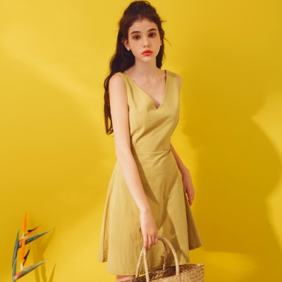 AIR SPACE LADY 質感V領後綁帶無袖洋裝(黃)
