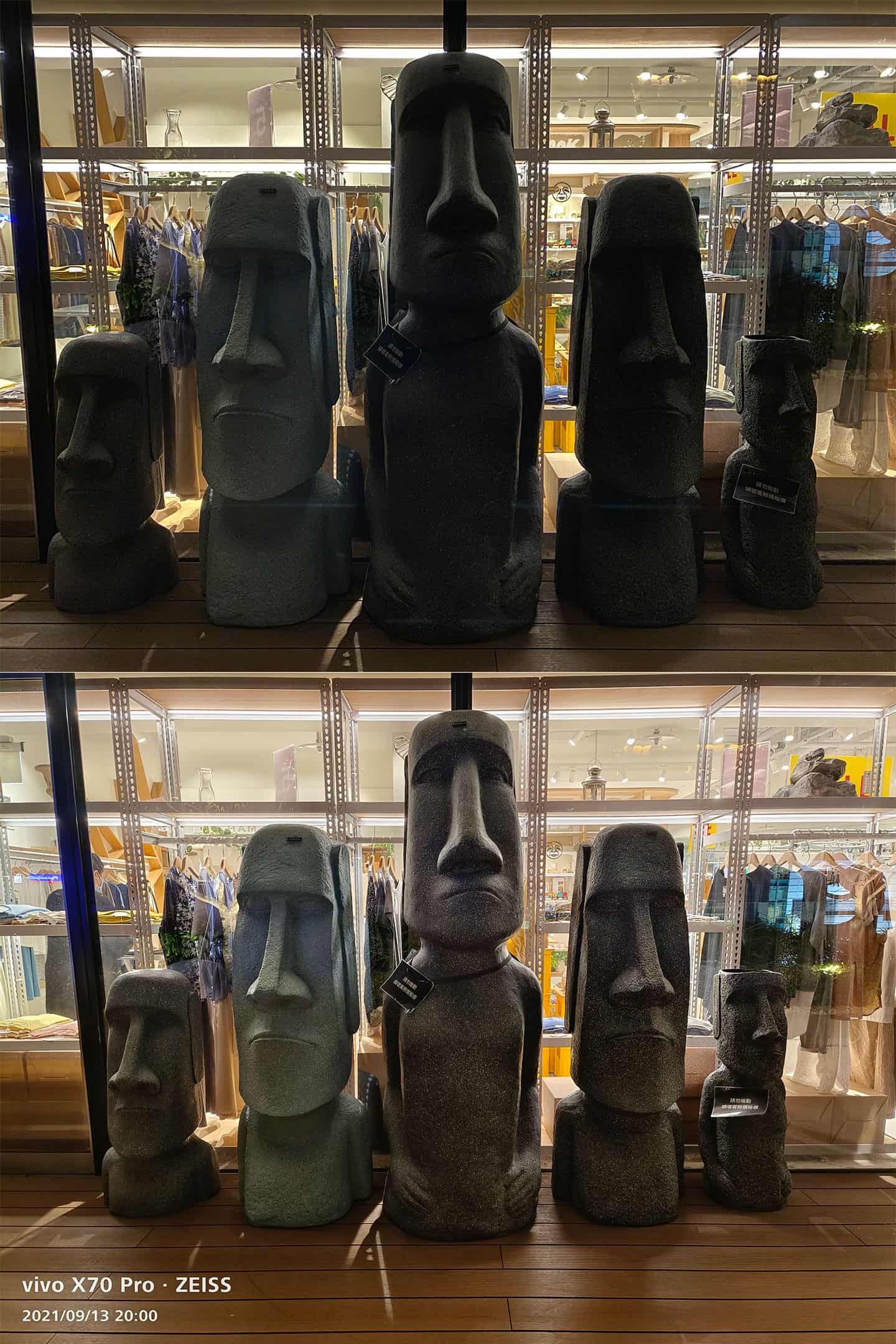 接下來這個場景為反差較大的夜間環境，上圖同樣是 iPhone 11 Pro Max 一般模式下拍攝的現場原貌照，圖下為同一場景透過 vivo X70 Pro 夜景模式、以手持拍攝出的成品，可以看到暗部細節的還原度相當驚人！