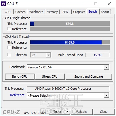 在啟用MAG X570 TOMAHAWK WIFI主機板的Game Boost、A-XMP超頻功能後，CPU-Z處理器效能測試中，單執行緒可達530.8分，多執行緒則是8169.6分