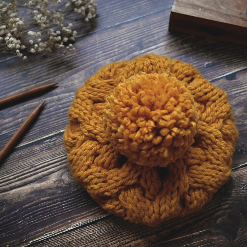 粗針麻花可拆毛球針織毛線貝蕾帽--黃