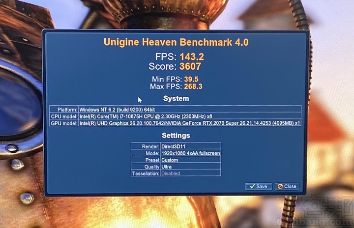 在利用 Unigine Heaven Benchmark 圖形測試，於 Full HD 解析度下，將圖形品質設定在 Ultra，開啟4xAA 反鋸齒模式，以及關閉垂直同步下，獲得約 3,607 分，以及平均 143.2fps 效能表現。