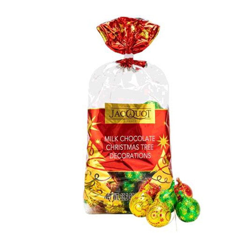 聖誕節應景商品，內有三種不同顏色彩蛋，含掛線可做聖誕樹掛飾不含反式脂肪法國進口商品食用及裝飾兩相宜商品規格品名 Jacquot 耶誕造型牛奶巧克力 1公斤商品重量 1公斤商品尺寸 糖,可哥脂,全脂奶粉