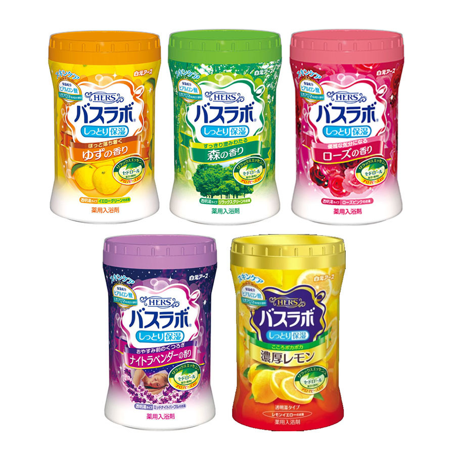 商品：白元泡澡粉 容量：香柚、森林、玫瑰、薰衣草-680g 濃厚檸檬-640g 成分： 柚子香680g 碳酸氫鈉 硫酸鈉 矽酸酐 透明質酸Na-2 POE（300）POP（55） 香水黃色202（1）