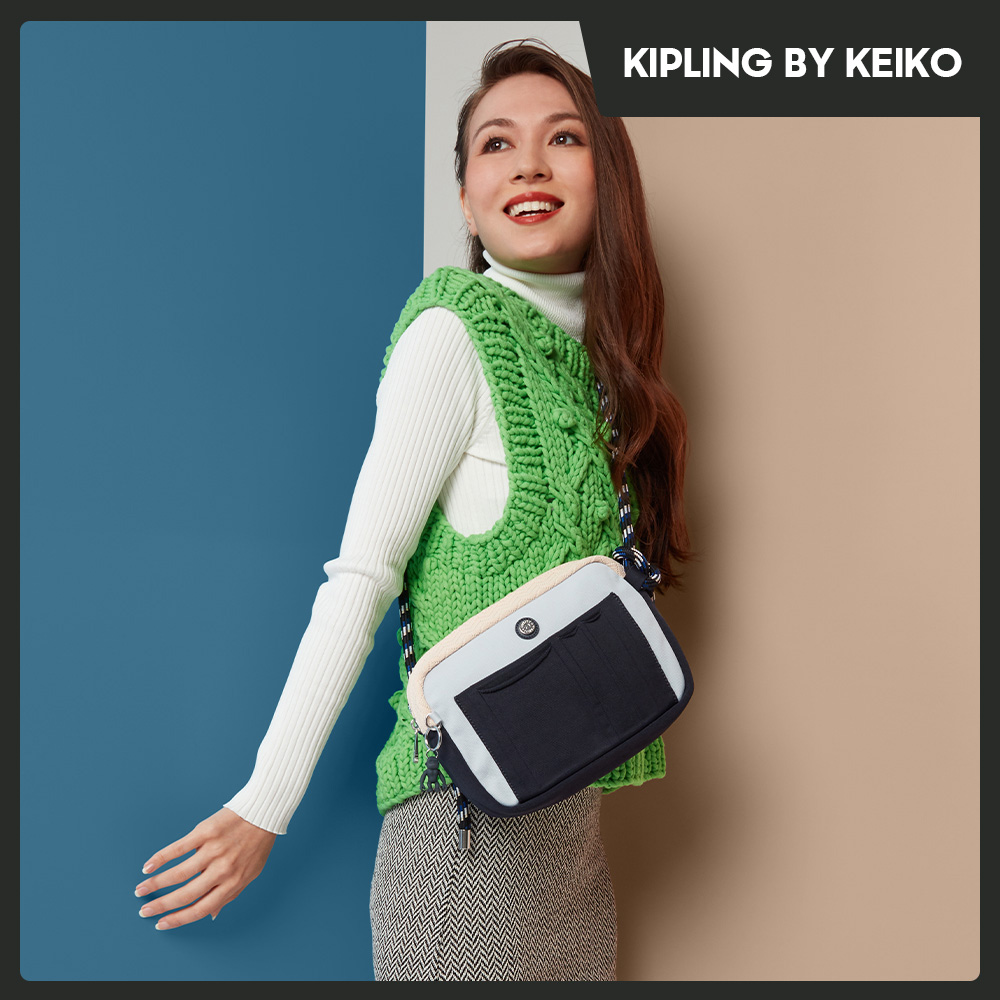 Kipling By Keiko 簡約灰佐溫柔粉橘多層隨身斜背包-ABANU M
