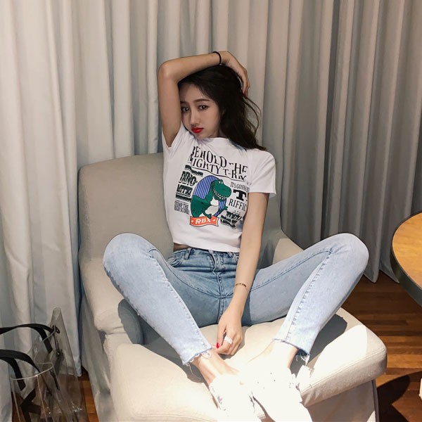 NXS 抱抱龍 玩具總動員 短版 貼身 短袖 上衣 棉T 恐龍 卡通 字母 可愛 動物 印花 圖案