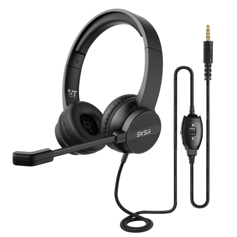 eksa h12是一款輕盈且舒適耐用的專業通話耳麥非常適合skype通話線上會議線上學習網絡研討會等具備麥克風與3.5mm接頭的有線耳機可線控靜音與音量調節 其配有可調節的單指向麥克風它可消除不必要的