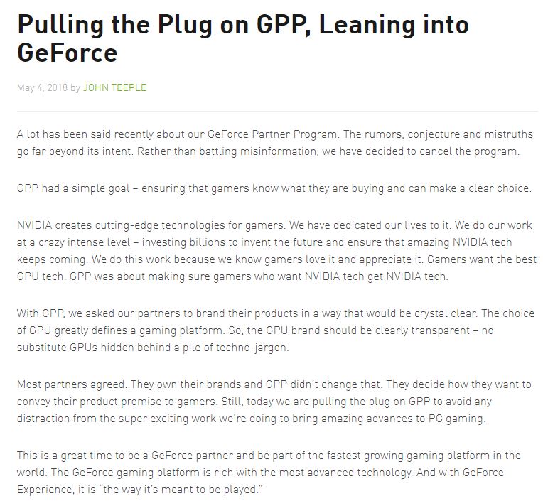 NVIDIA宣布終止爭議過大的GeForce合作夥伴計畫GPP，但卻強調自己十分委屈？
