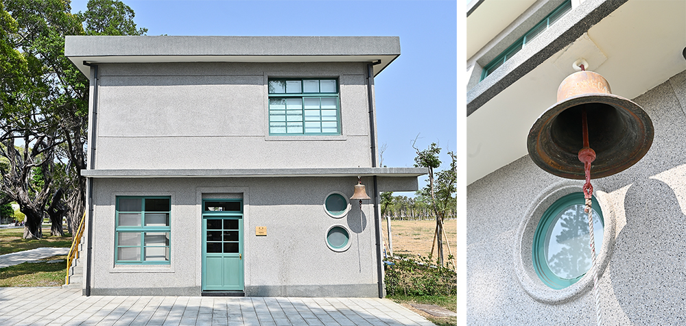 園區一角的鐘樓，方正水泥建築搭配翡翠綠色窗櫺，銅鐘高掛，整體充滿復古氛圍。(攝影/Carter)