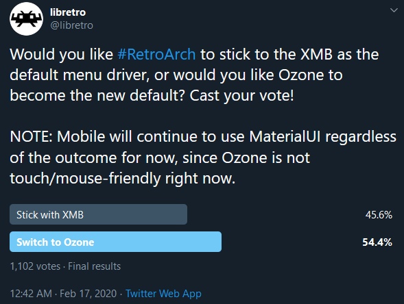 在RetroArch官方Twitter帳號舉行的投票中，Ozone以些微差距打敗XMB。