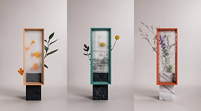每款花器都是獨一無二。玻璃的三款樣式：復古海棠花/霧面/小冰柱，霧裡看花增添更多對窗外風景的想像。原木框、石材搭配植物花語更賦予質樸的生命力。(圖片提供/大藝石代)