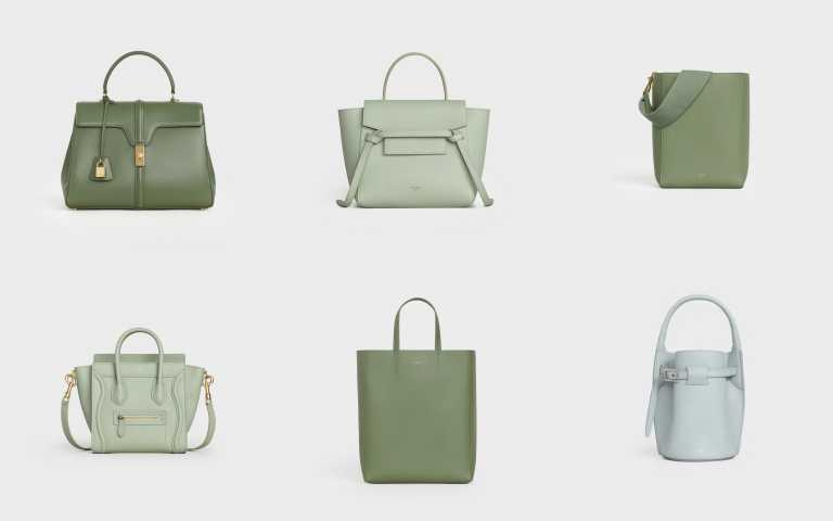 16卡其綠小牛皮中型提包／140,000元、BELT薄荷綠粒紋小牛皮肩背提包／69,000元、SANGLE BUCKET卡其綠柔軟小牛皮肩背包／61,000元、LUGGAGE薄荷綠小牛皮肩背提包／81,000元、CABAS卡其綠粒紋小牛皮肩背提包／41,000元、BIG BAG BUCKET礦石灰柔軟小牛皮袖珍型提包／56,000元（圖／品牌提供）