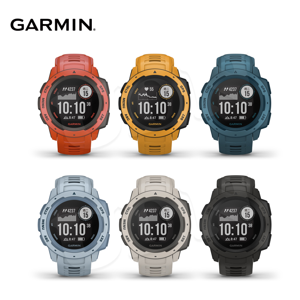 本我，原始驅力。堅固耐用的 Instinct GPS 腕錶，根據美國軍規標準 MIL-STD-810G 打造，防水等級更可達水下 100 公尺。您可使用內建的 3 軸電子羅盤與氣壓式高度計找出自己所處