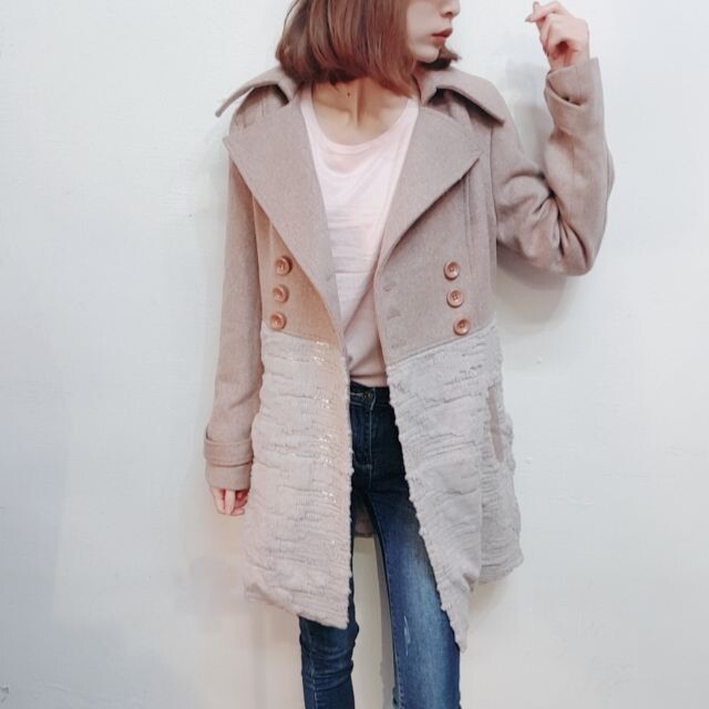 韓版挺版亮片毛毛拼接中長版西裝外套毛呢大衣vina扉娜
